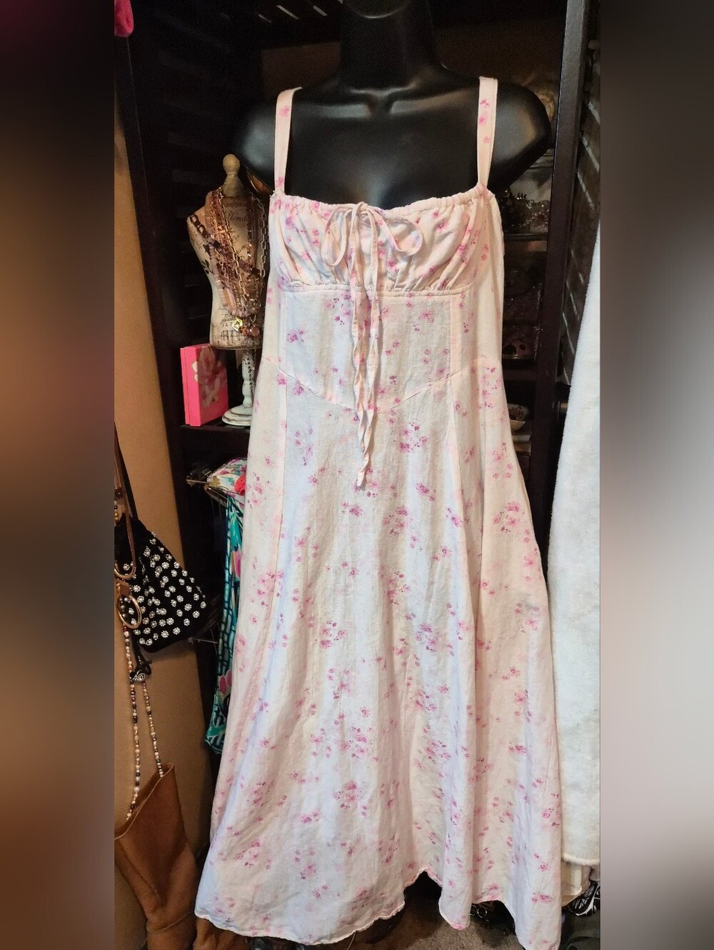 Sim Sam Babydoll Dress L Pink Floral Milkmaid Coquette Linen Fairy Cottagecore